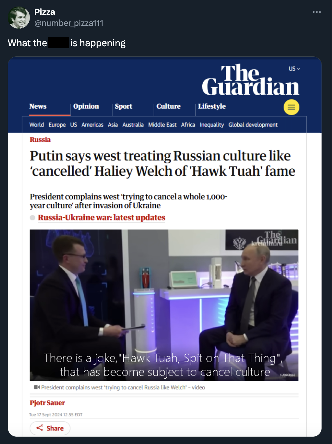 screenshot - Pizza pizza111 What the is happening News Opinion Sport 15 The Guardian Culture Lifestyle World Europe Us Americas Asia Australia Middle East Africa Inequality Global development Russia Putin says west treating Russian culture 'cancelled' Hal